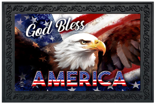 Decorative mat with an eagle and American flag design, featuring the text 'God Bless America'.