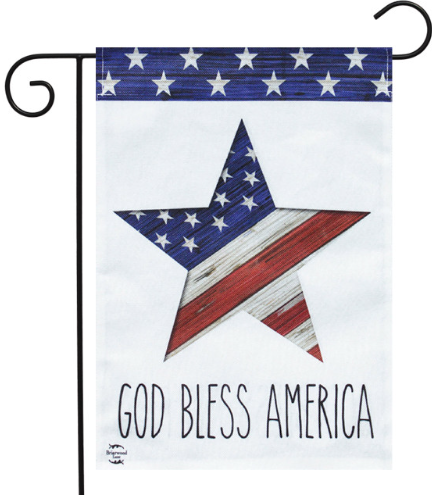 Decorative flag with a star design and 'God Bless America' text on a white background
