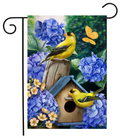 Decorative garden flag with yellow birds, blue flowers, and a birdhouse.