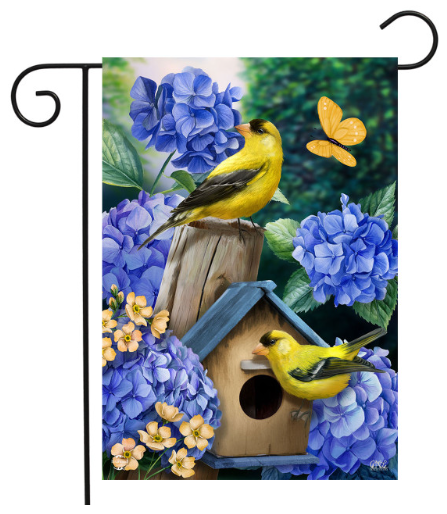 Decorative garden flag with yellow birds, blue flowers, and a birdhouse.