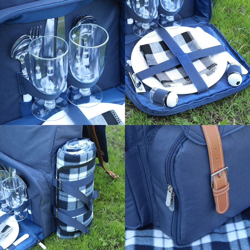 Collage of a picnic set with blue bag, checkered blanket, glasses, and cutlery on grass.