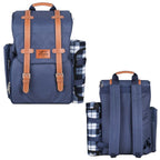 Blue backpack with brown straps and plaid cooler bag, showing the front and back of the backpack on a white background