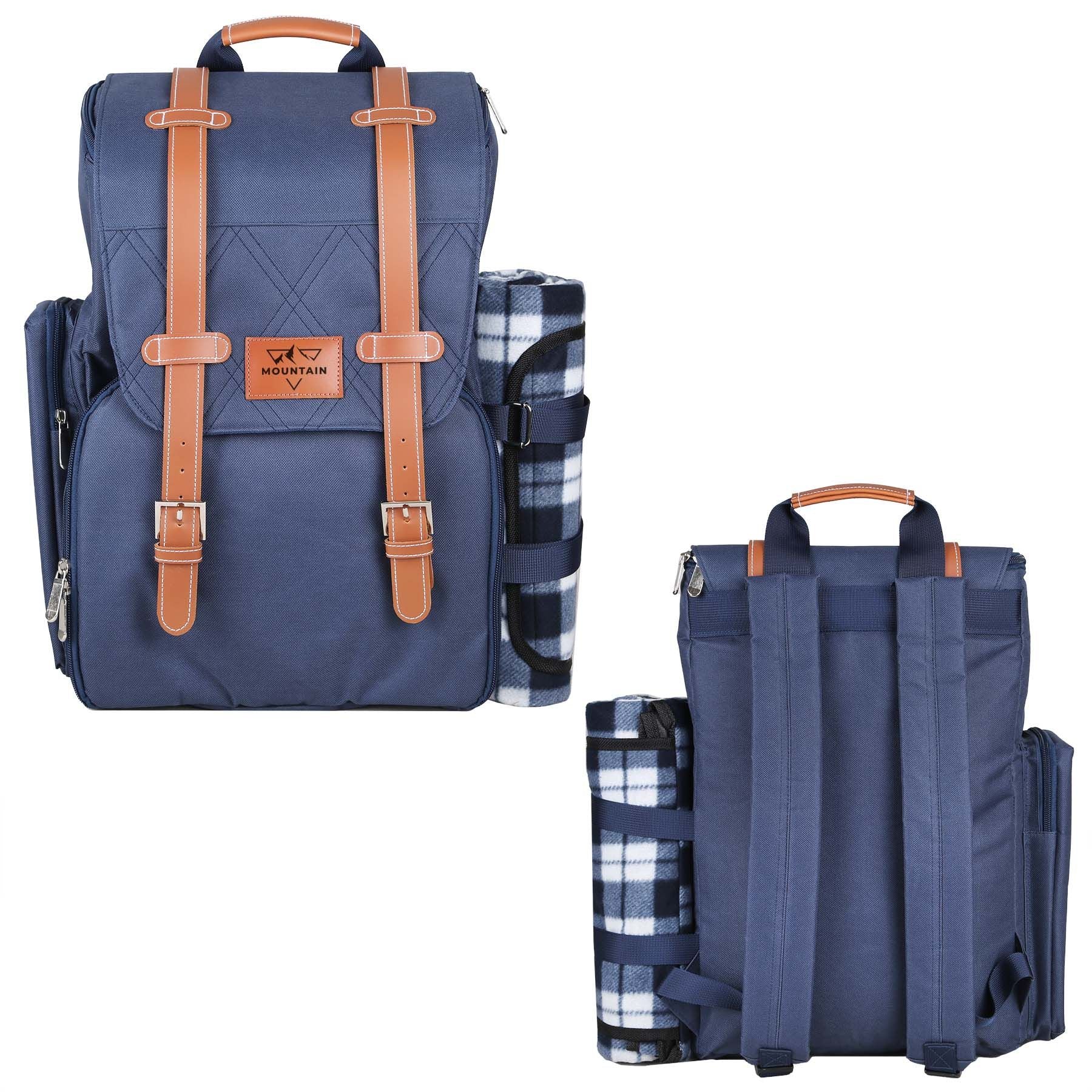 Blue backpack with brown straps and plaid cooler bag, showing the front and back of the backpack on a white background