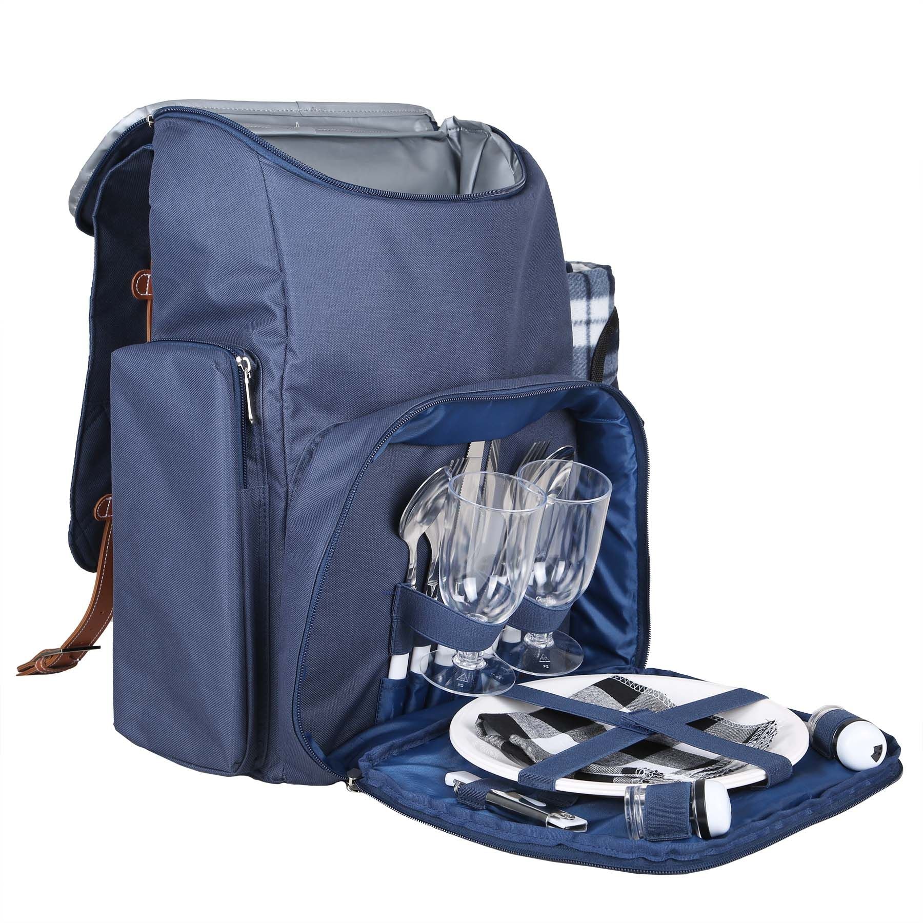 Blue picnic backpack with cutlery, plates, and glasses on a white background