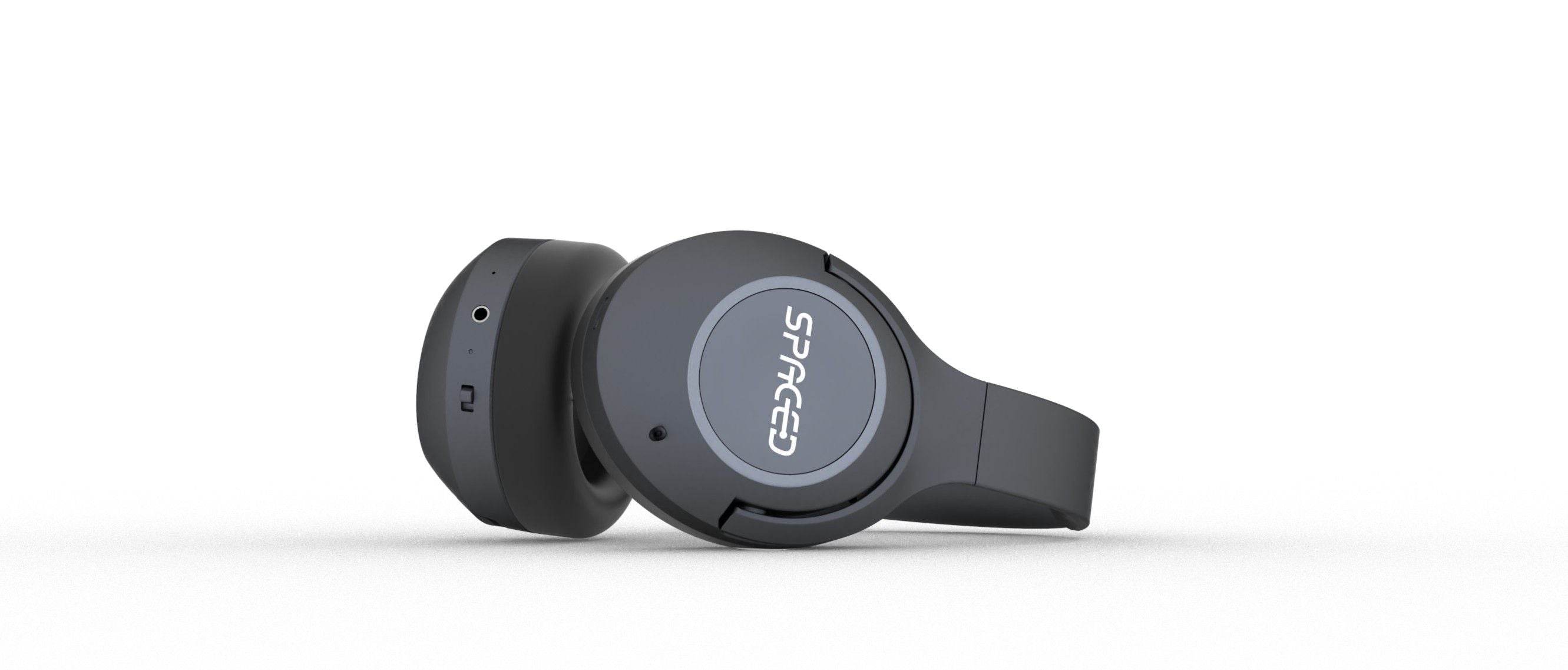 Black wireless earbuds with 'SpaceBuds' branding on a white background