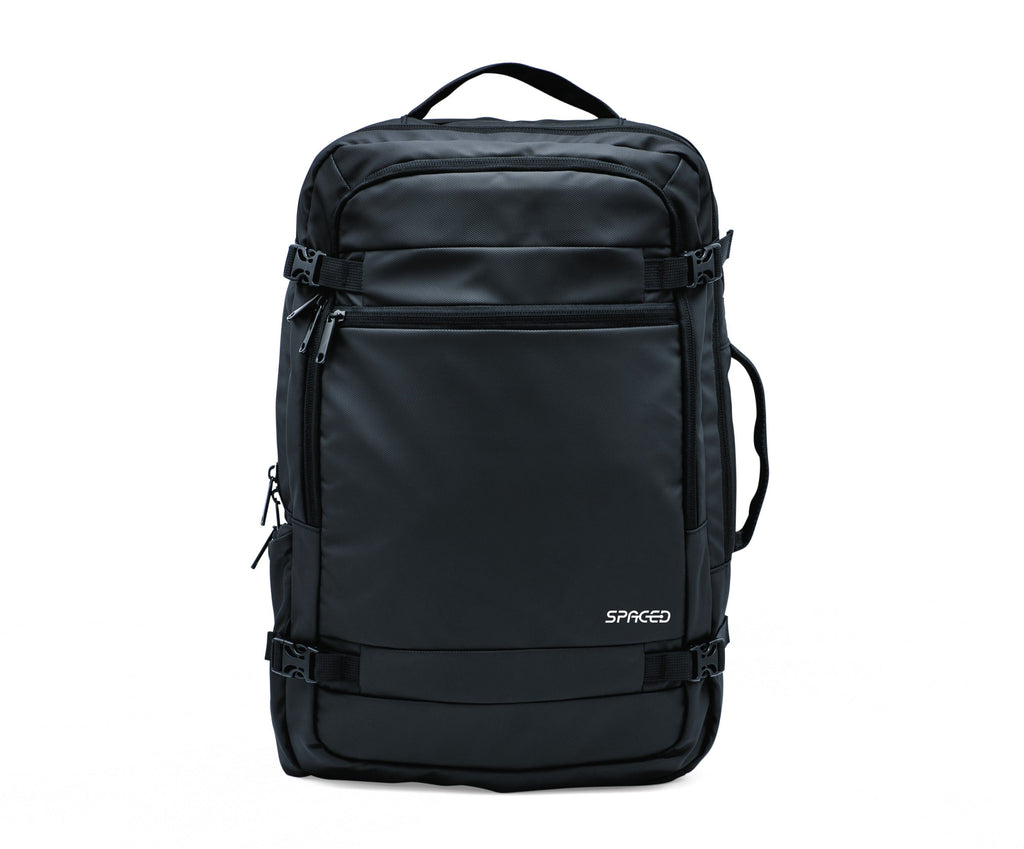 Black backpack with Spigeo branding on a white background