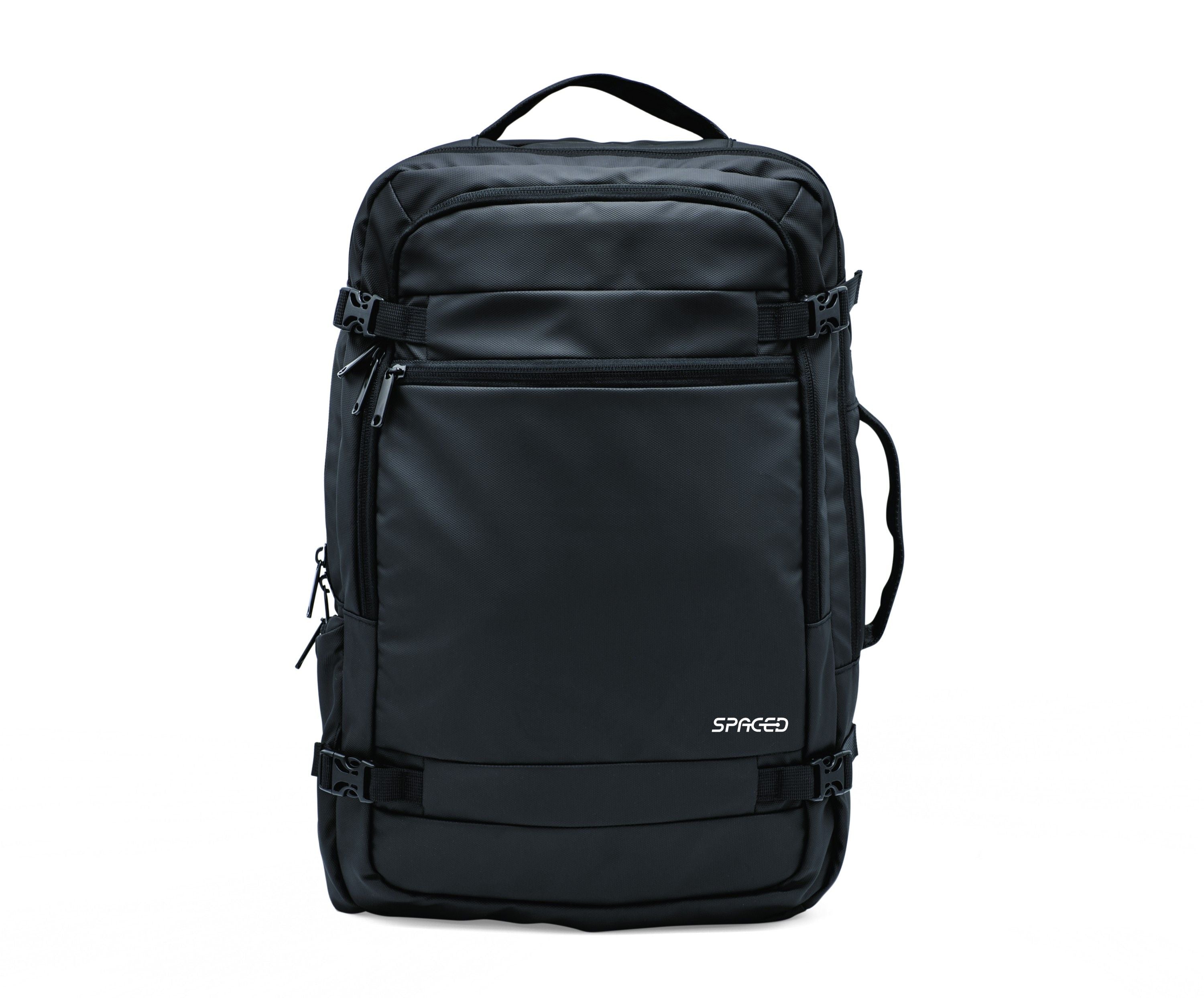 Black backpack with Spigeo branding on a white background