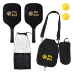 Set of pickleball paddles, bags, and balls with 'The Grid' branding on a white background.