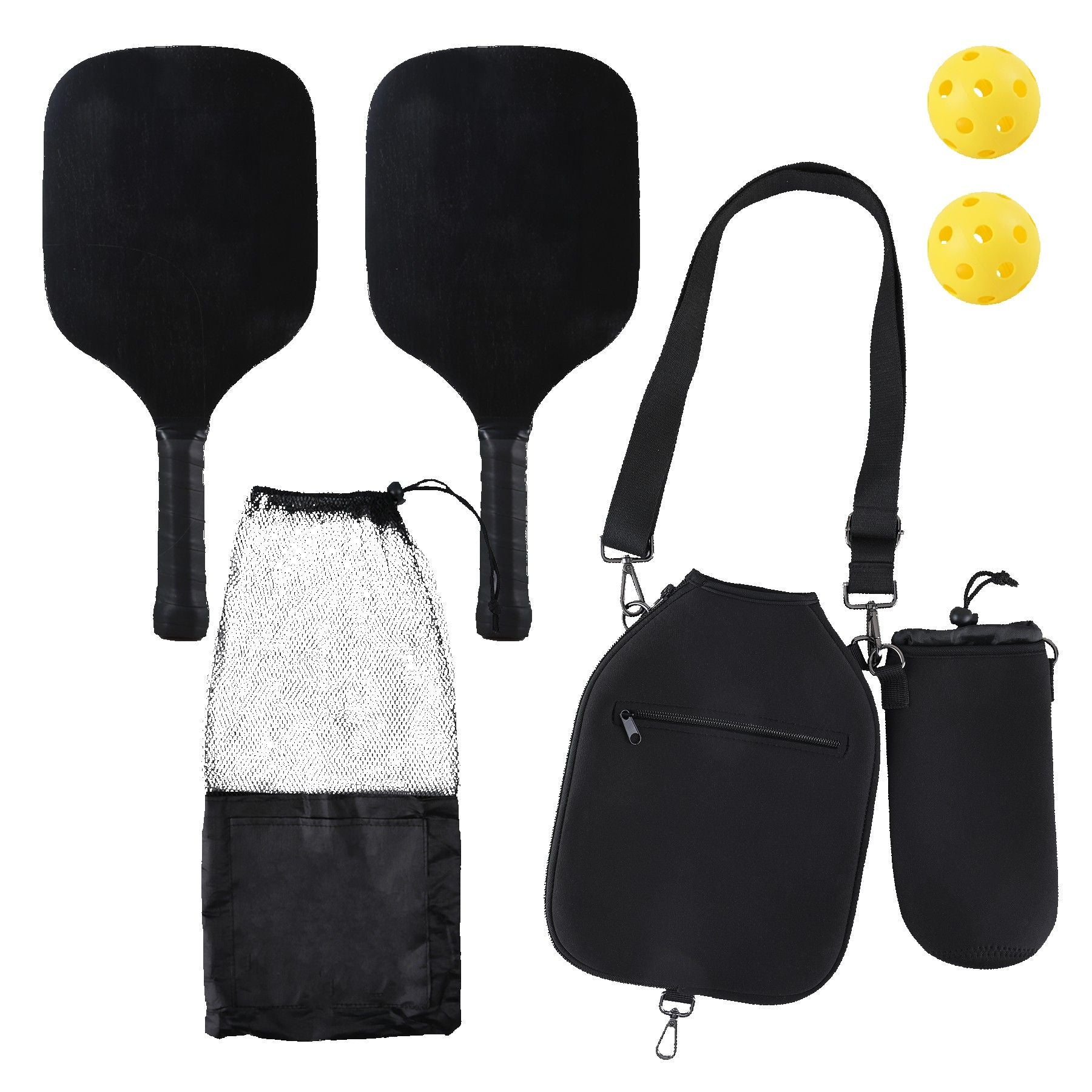 Pickleball kit with two paddles, two yellow pickleballs, and a black carry bag and bottle sleeve, shown on a white background.