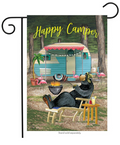 Decorative flag with a bear by a camper and 'Happy Camper' text