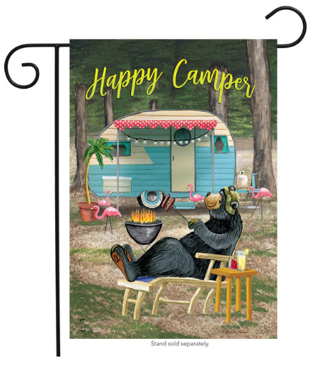Decorative flag with a bear by a camper and 'Happy Camper' text