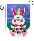 Garden flag with a cartoon bunny wearing glasses and a bow tie, with 'Happy Easter' text, on a blue striped background.