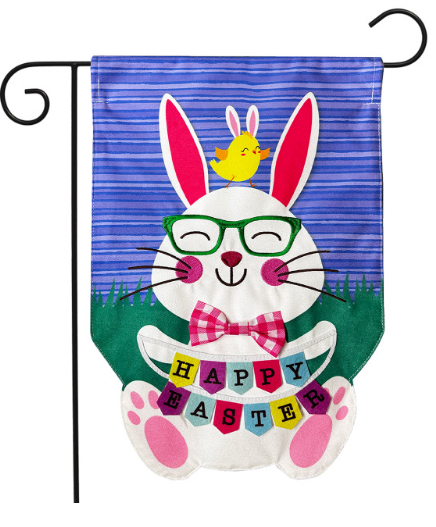 Garden flag with a cartoon bunny wearing glasses and a bow tie, with 'Happy Easter' text, on a blue striped background.