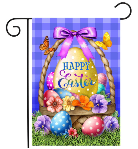 Easter-themed garden flag with colorful eggs, flowers, and a bow on a blue checkered background.