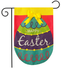 Decorative Easter egg flag with colorful design and 'Happy Easter' text on a yellow background.
