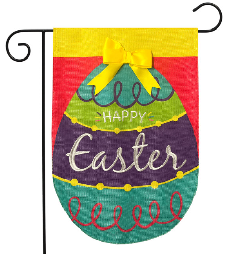 Decorative Easter egg flag with colorful design and 'Happy Easter' text on a yellow background.