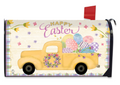Easter mailbox cover with a yellow truck, Easter eggs, and flowers on a checkered background.