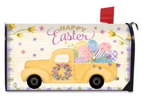 Easter mailbox cover with a yellow truck, Easter eggs, and flowers on a checkered background.