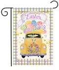 Easter-themed garden flag with a yellow truck, Easter eggs, and 'Happy Easter' text on a plaid background.