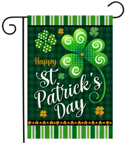 Happy St. Patrick’s Day Garden Flag (Green Plaid Clover & Stripes)