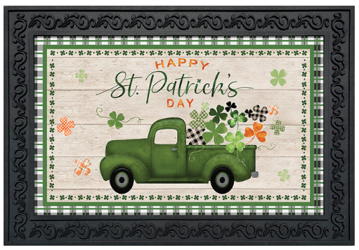 Happy St. Patrick’s Day Pickup Truck Doormat Insert (Vintage Green Truck + Shamrocks)