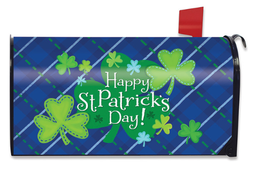 Happy St. Patrick's Day Shamrocks Magnetic Mailbox Cover (Standard) — Blue Plaid Clover Decor