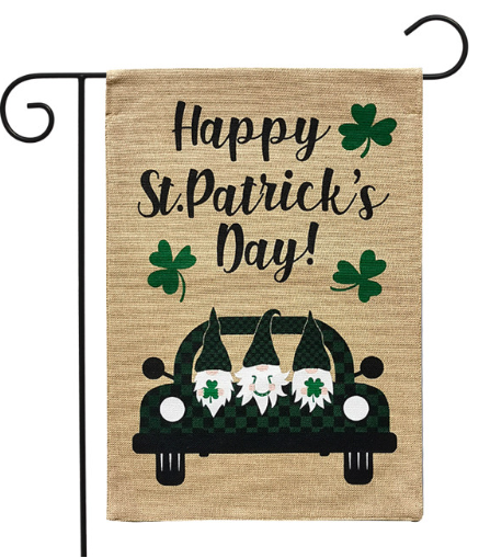 Happy St. Patrick’s Day Gnomes Burlap Garden Flag (Truck Gnomes)