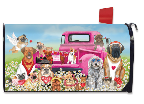 Happy Valentines Dogs Magnetic Mailbox Cover (Standard) – Valentine Puppy Truck