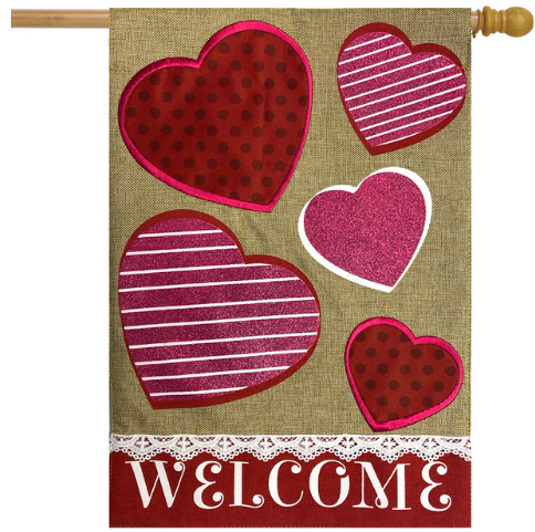 Hearts Burlap Welcome House Flag (40" x 28")