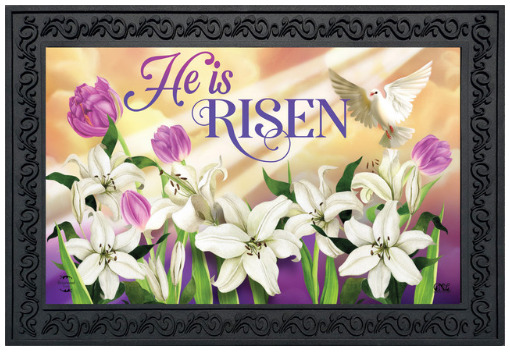 Easter-themed mat with flowers, dove, and 'He is Risen' text.