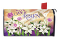 Mailbox cover with 'He is Risen' text, flowers, and a dove on a colorful background