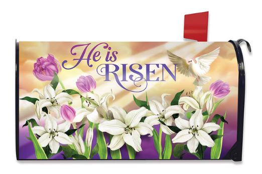 Mailbox cover with 'He is Risen' text, flowers, and a dove on a colorful background