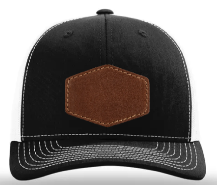 Black cap with brown leather patch on a white background