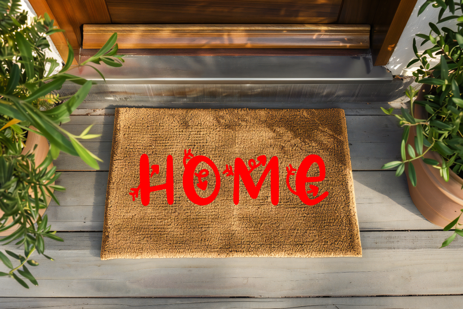 Doormat with 'HOME' in red letters on a wooden floor, flanked by plants.