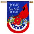 Decorative flag with a red cardinal, flowers, and 'Home Sweet Home' text on a blue background.
