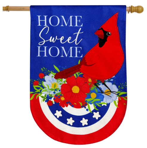 Decorative flag with a red cardinal, flowers, and 'Home Sweet Home' text on a blue background.