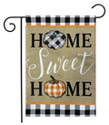 Home Sweet Home pumpkins burlap garden flag with fall pumpkin design and double-sided readable text, displayed as outdoor porch and yard decor.