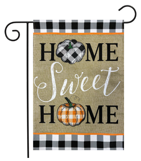 Home Sweet Home pumpkins burlap garden flag with fall pumpkin design and double-sided readable text, displayed as outdoor porch and yard decor.