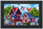 Decorative mat with patriotic birdhouses, birds, and American flags in a garden setting.