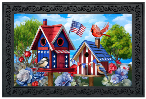 Decorative mat with patriotic birdhouses, birds, and American flags in a garden setting.