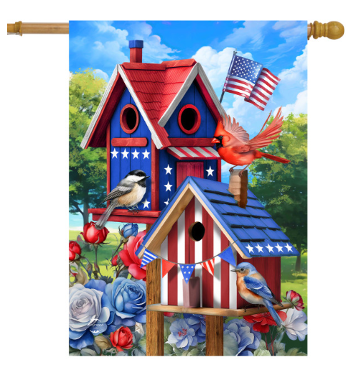 Decorative flag with birdhouses, flowers, and an American flag in a garden setting.