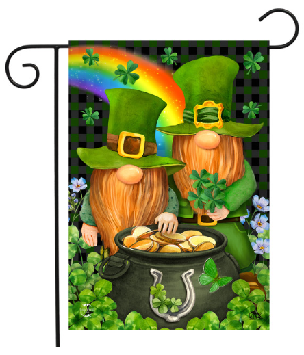 Irish Gnomes Garden Flag (Pot of Gold, Rainbow & Shamrocks)