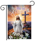 Decorative flag with Jesus Christ, cross, and 'He is Risen' text against a sunset background.