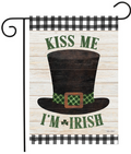 Kiss Me I’m Irish Garden Flag (Leprechaun Hat + Buffalo Plaid)