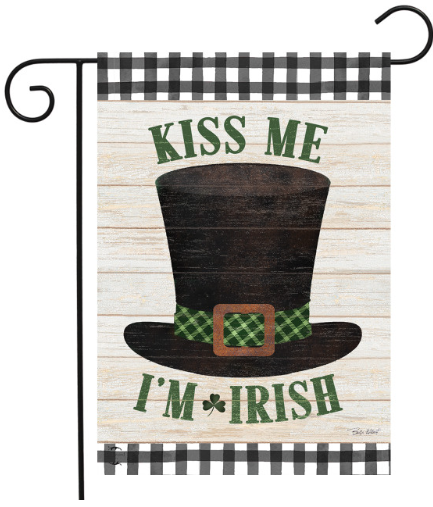 Kiss Me I’m Irish Garden Flag (Leprechaun Hat + Buffalo Plaid)