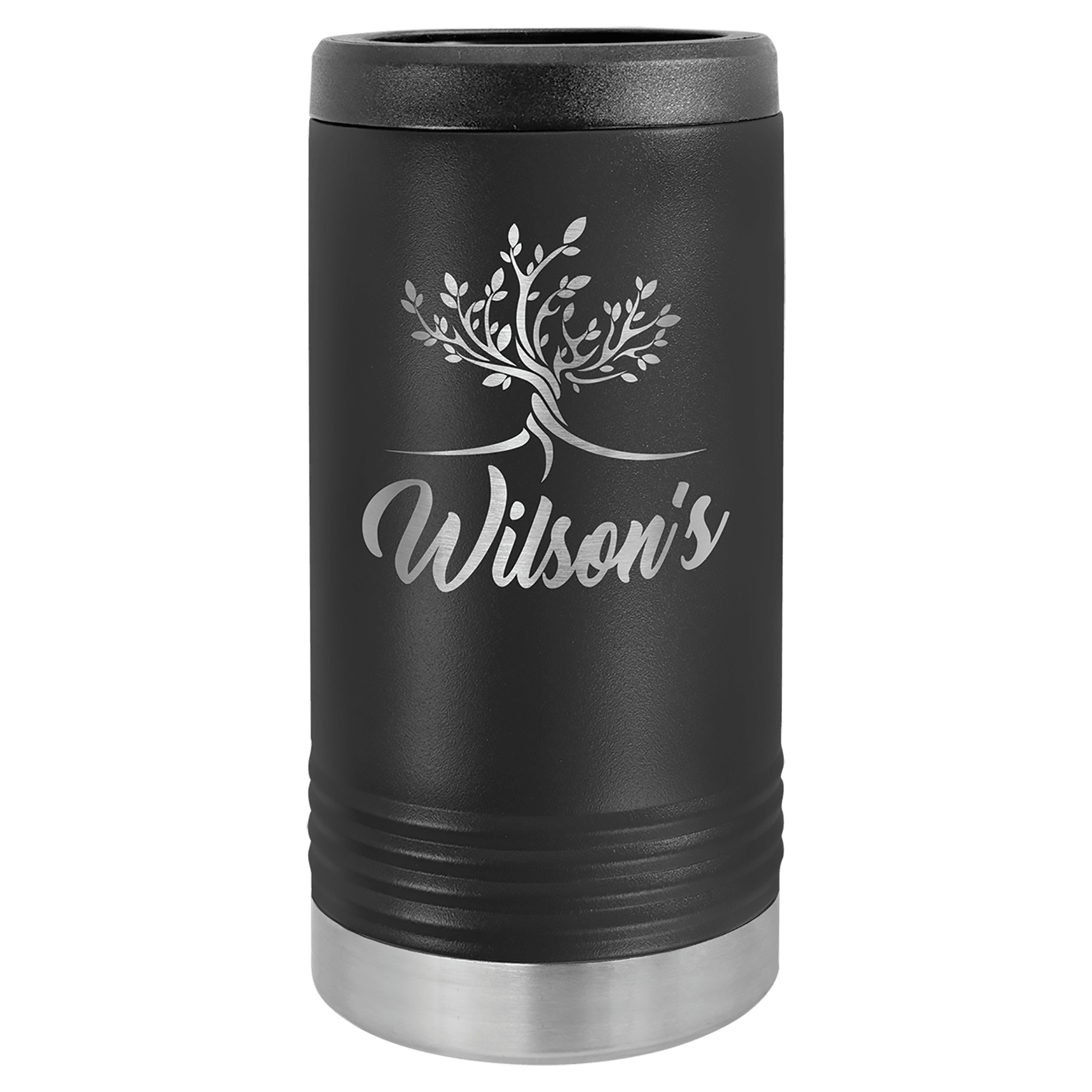 Black tumbler with 'Wilson's' and a tree design on a white background