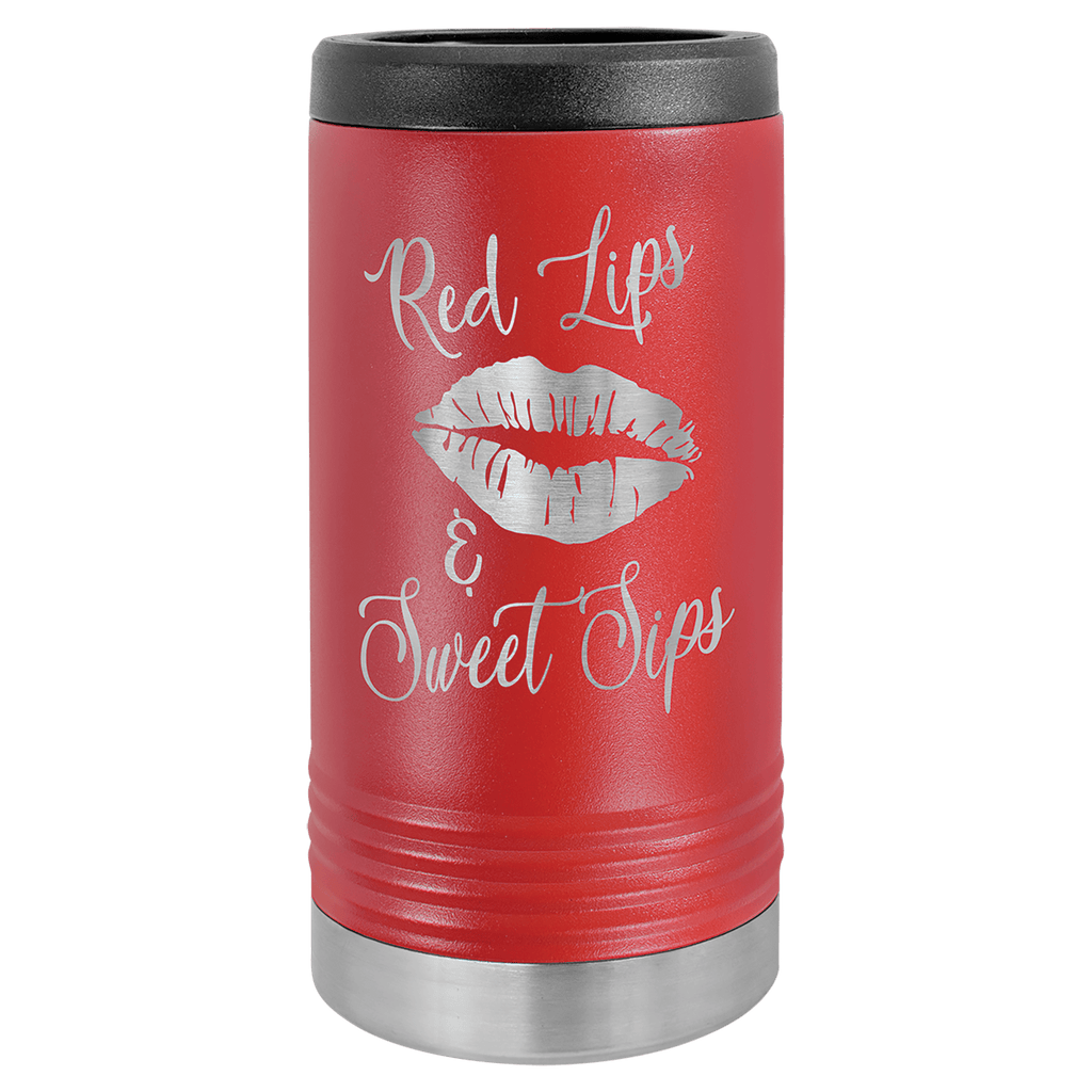 Red travel mug with black lid and white text on a green background
