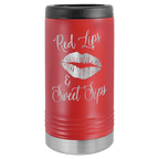 Red travel mug with black lid and white text on a green background