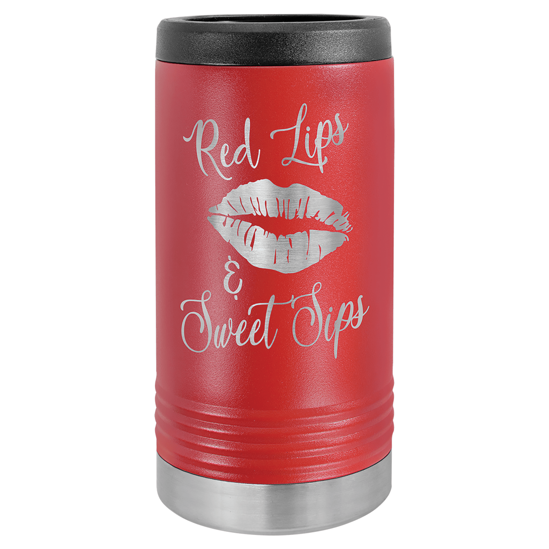Red travel mug with black lid and white text on a green background
