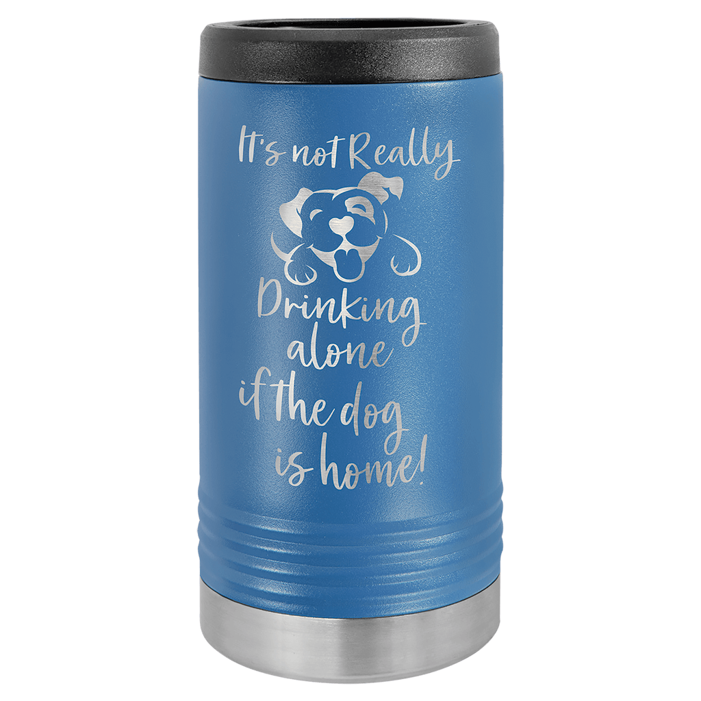 Blue travel mug with black lid and white text on a green background